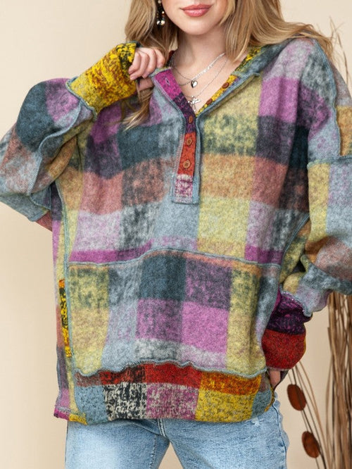 Brushed Check  Pocket Thumbholes Henley Hoodie