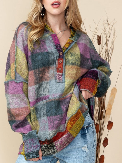 Brushed Check  Pocket Thumbholes Henley Hoodie