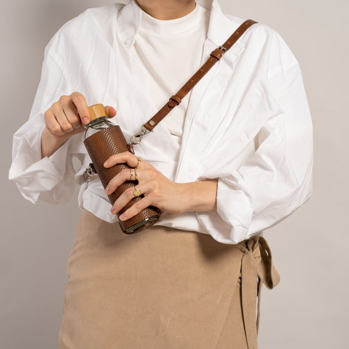 Premium Leather Water Bottle Holder with Glass Bottle & Strap