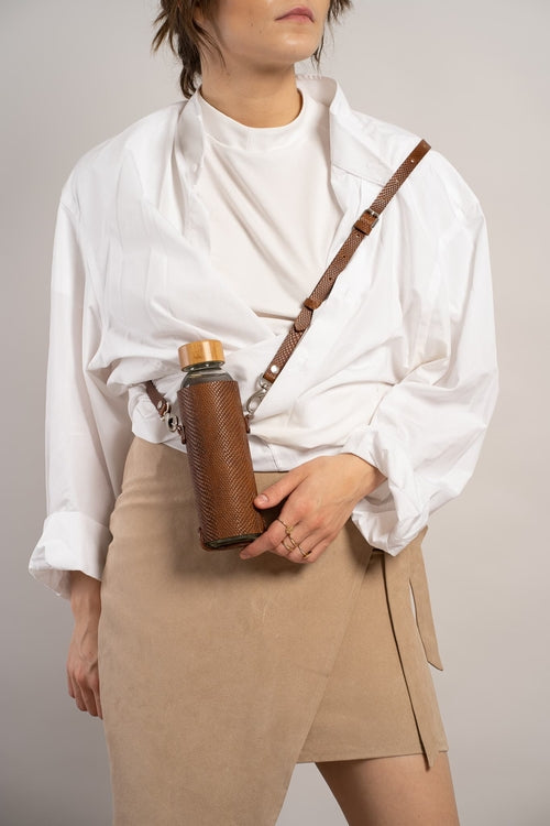 Premium Leather Water Bottle Holder with Glass Bottle & Strap