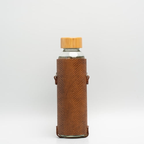 Premium Leather Water Bottle Holder with Glass Bottle & Strap
