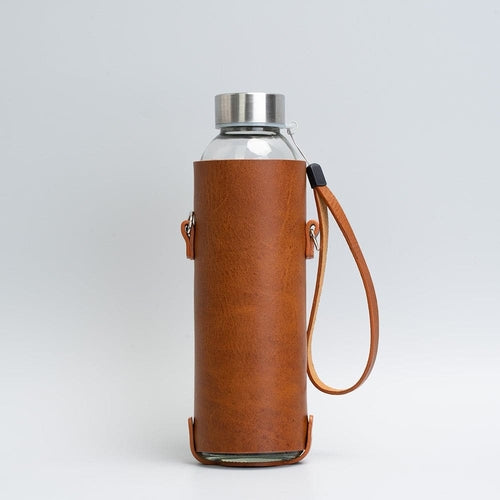 Premium Leather Water Bottle Holder with Glass Bottle & Strap