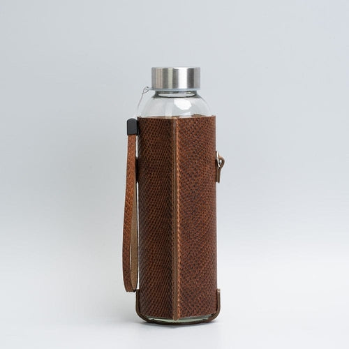 Premium Leather Water Bottle Holder with Glass Bottle & Strap