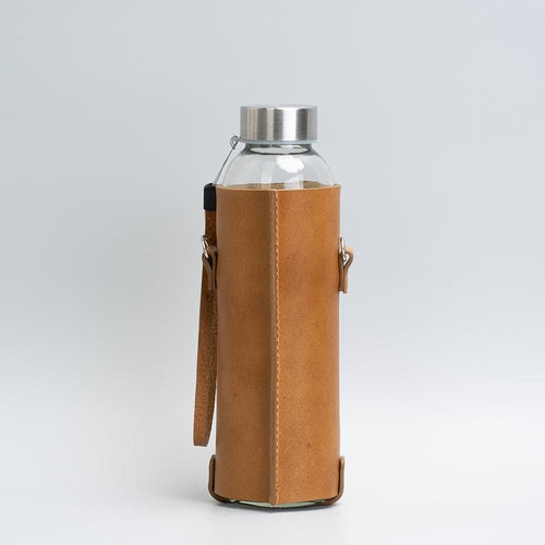 Premium Leather Water Bottle Holder with Glass Bottle & Strap
