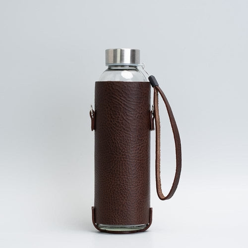 Premium Leather Water Bottle Holder with Glass Bottle & Strap